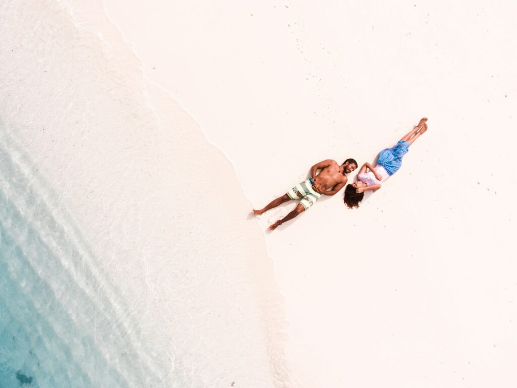bird's eye view of man and woman on beach 